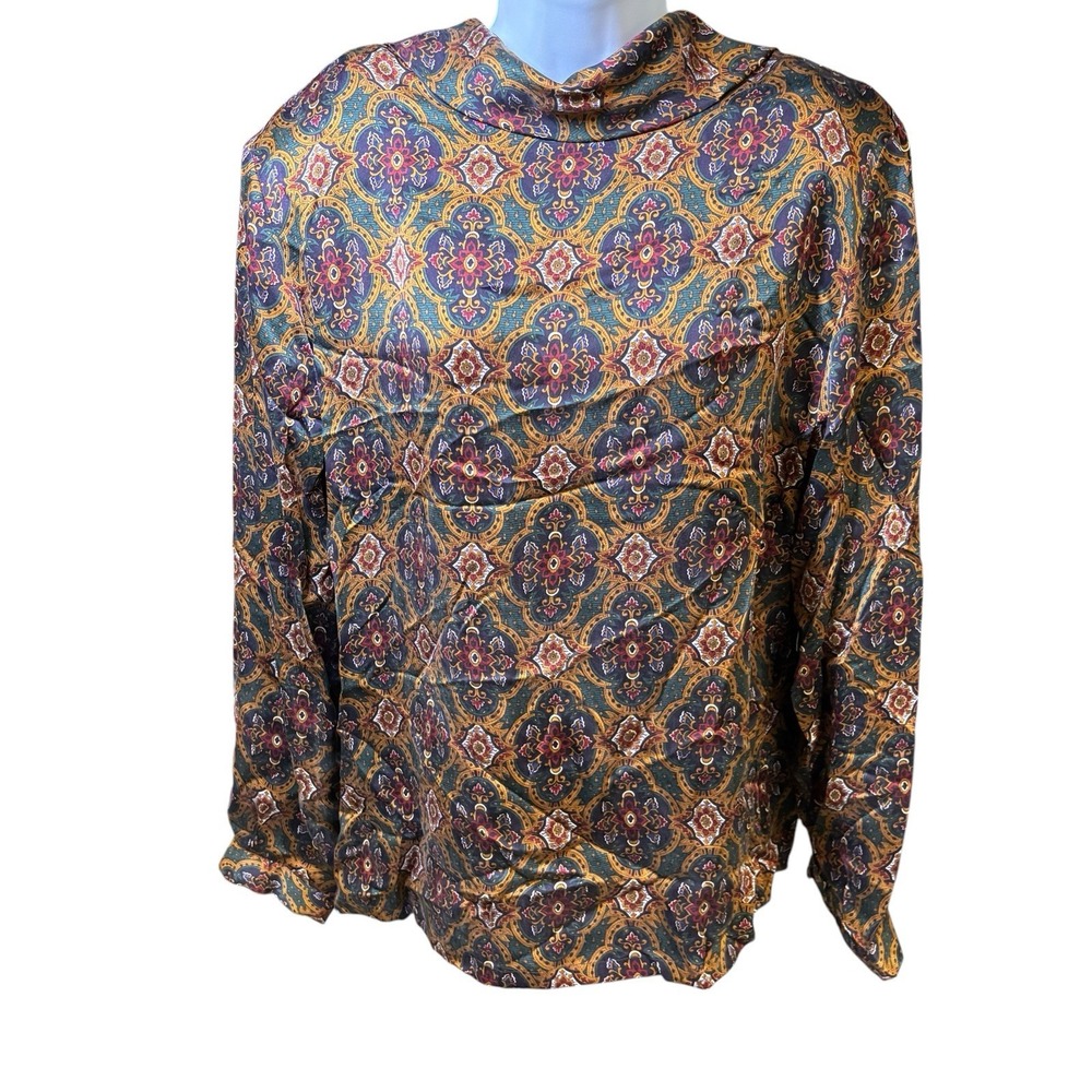 Classiques Entier Floral Silk Top Back Buttons Mock Neck Long Sleeve VTG Large*